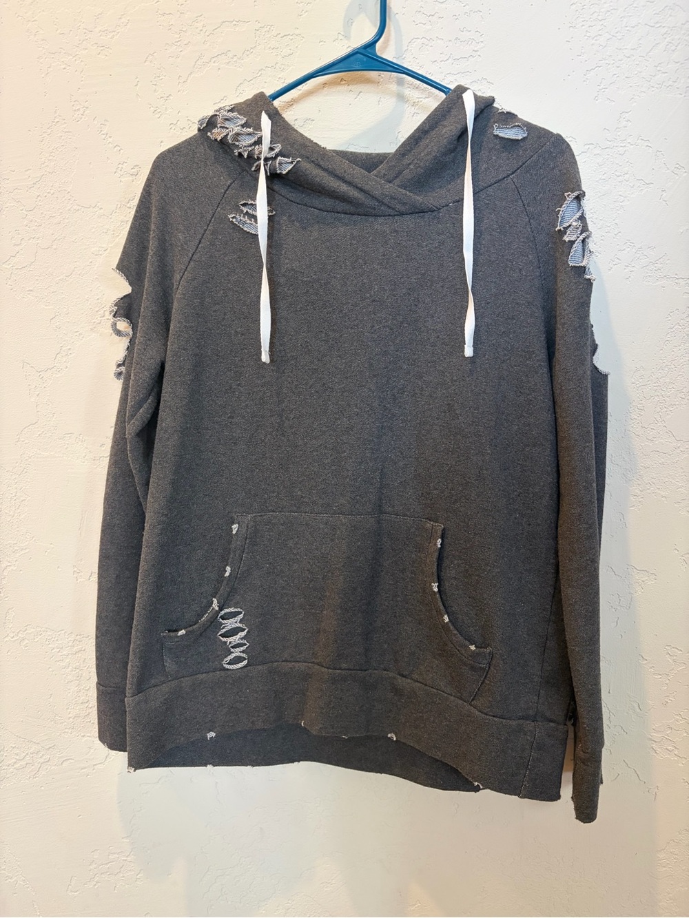 Chelsea deboer Women's Distressed Charcoal Pullover Hoodie with Drawstring
